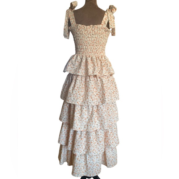 Just Me Cottagecore Fairy Floral Tiered Maxi Dress Smocked Tie Straps Small - Picture 3 of 12